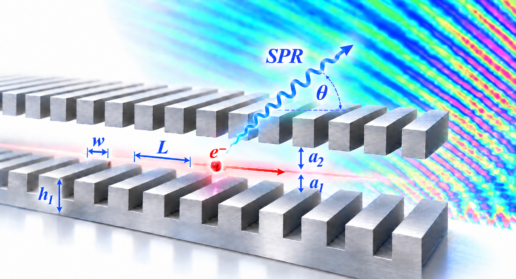 Side-by-side single-layer and two-layer Smith–Purcell grating configurations with an electron beam and emitted radiation.