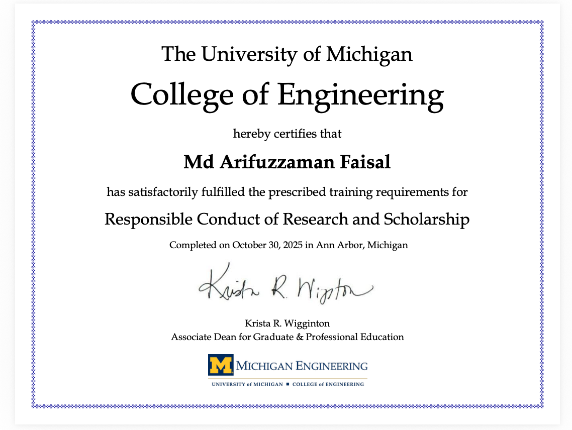 Responsible Conduct of Research and Scholarship Training certificate