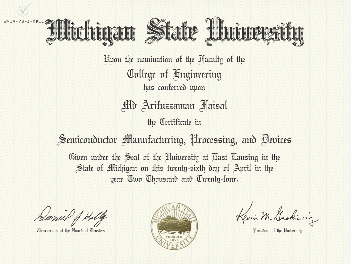 Certificate in Semiconductor Manufacturing, Processing, and Devices