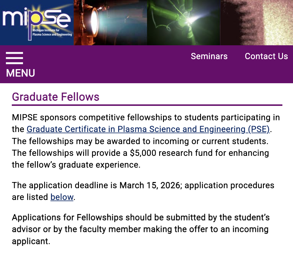 Michigan Institute for Plasma Science and Engineering Graduate Fellows page